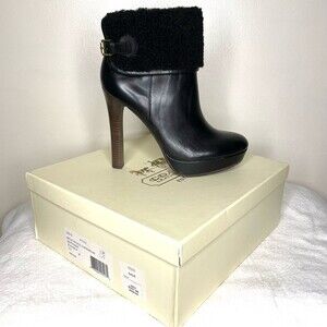 Coach Apple Vin Veg Boots Heels Leather Shearling Cuff High New Black Size 9